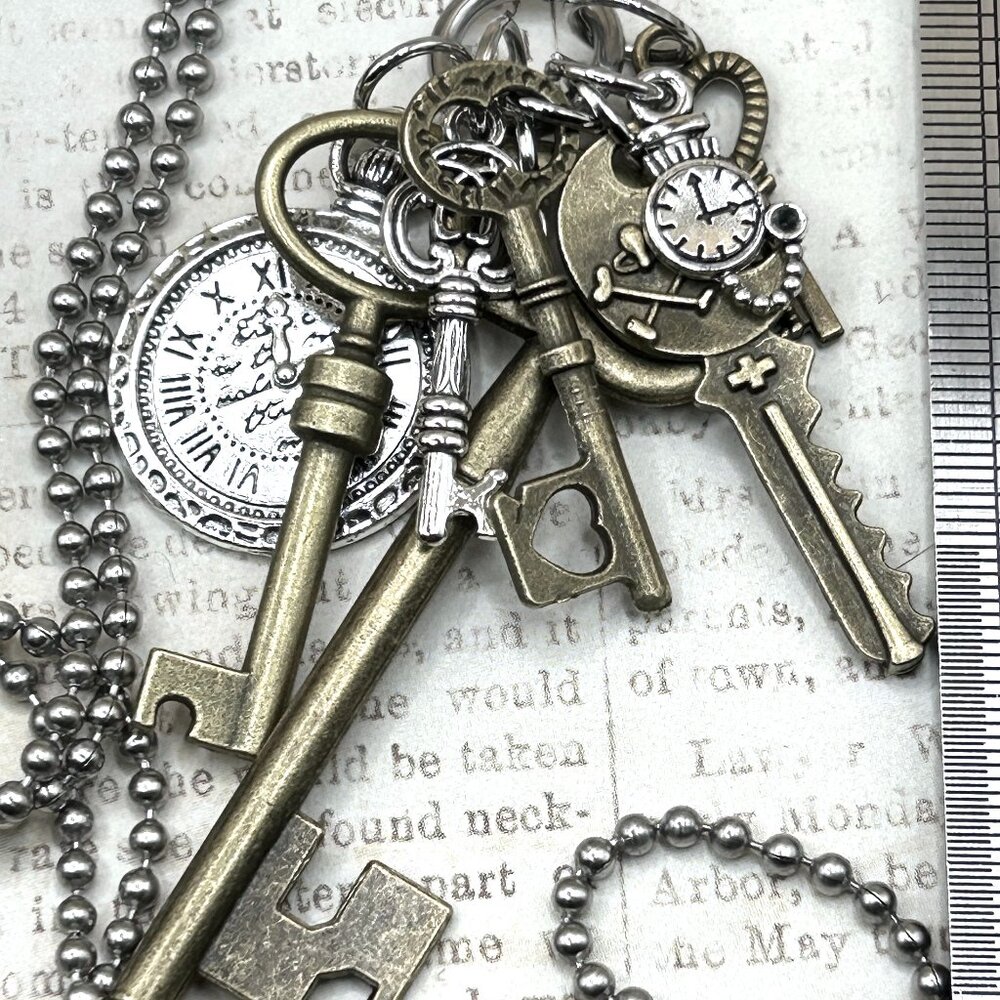 Clocks and Keys Long Steel Brass Steampunk Charm Holder Statement Necklace Goth